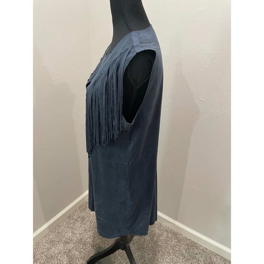 GB Gianni Bini Navy Blue Faux Suede Fringe V-Neck Shift Dress Large GB7582SSE - Picture 3 of 6